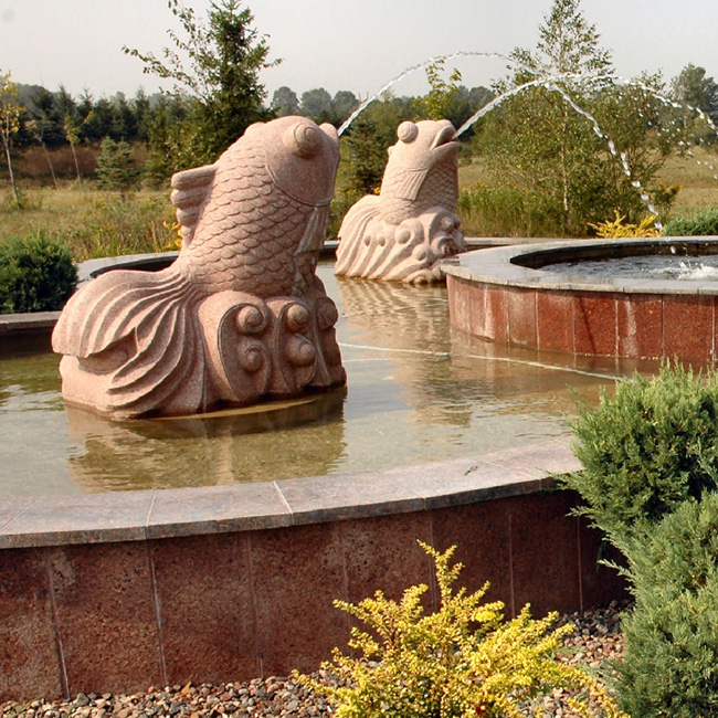 Goldfish Spitter Fountain at Lake Sandia Subdivision, carved of Maple Leaf Red Granite.