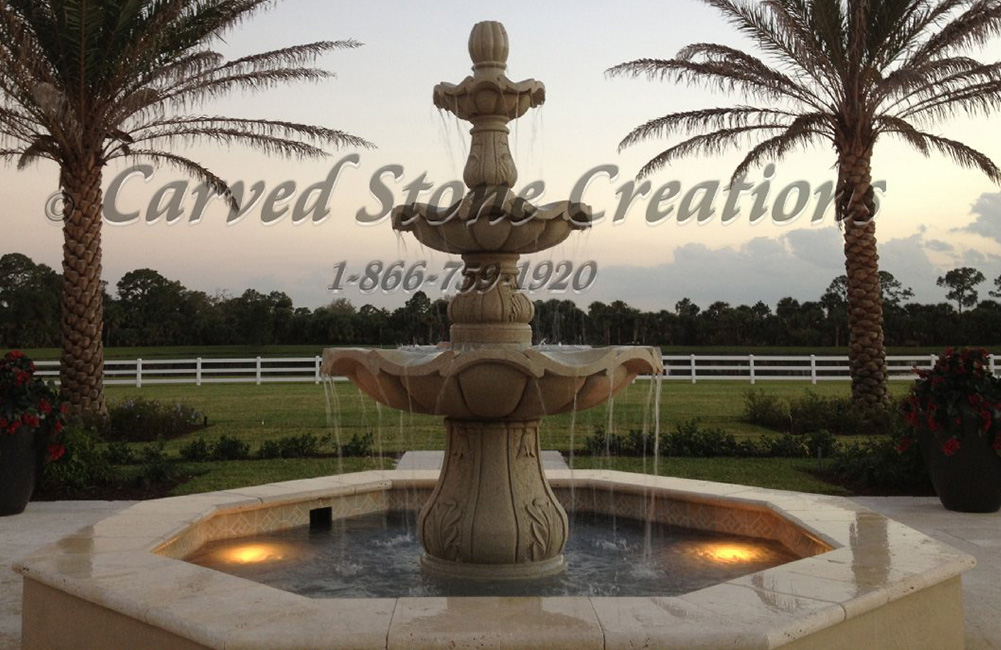 3-Tier Scalloped Fountain (54inch x 96 inch tall) carved of Golden Cypress Granite, in a customers existing Octagonal Pool Surround
