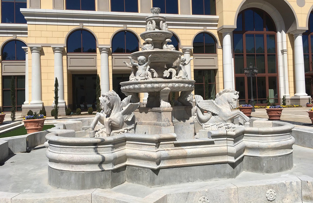 Ornate Jackson Health Care Fountain carved of Cabo Sands Granite (dry color)