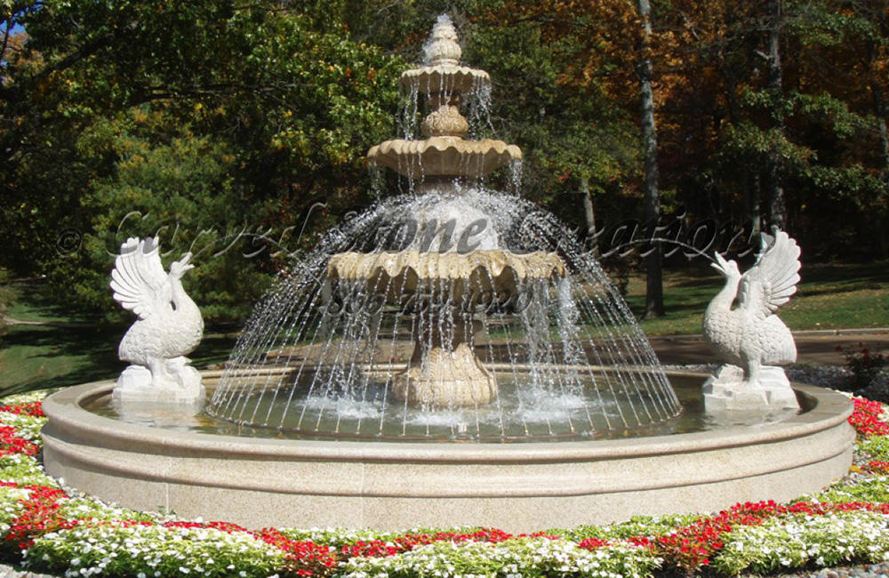 Large 3-Tier Classical Fountain (72 inch x 126 inch tall) carved of Giallo Fantasia Granite with (2) california white swan spitter fountains, in a 22 Ft x 18 inch tall Pool Surround.