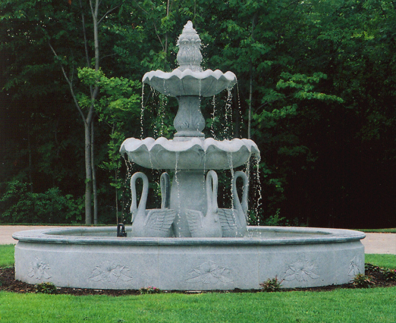 2-Tier Swan Fountain in Hyacinth relief carved Pool Surround carved of Bianco Catalina Granite