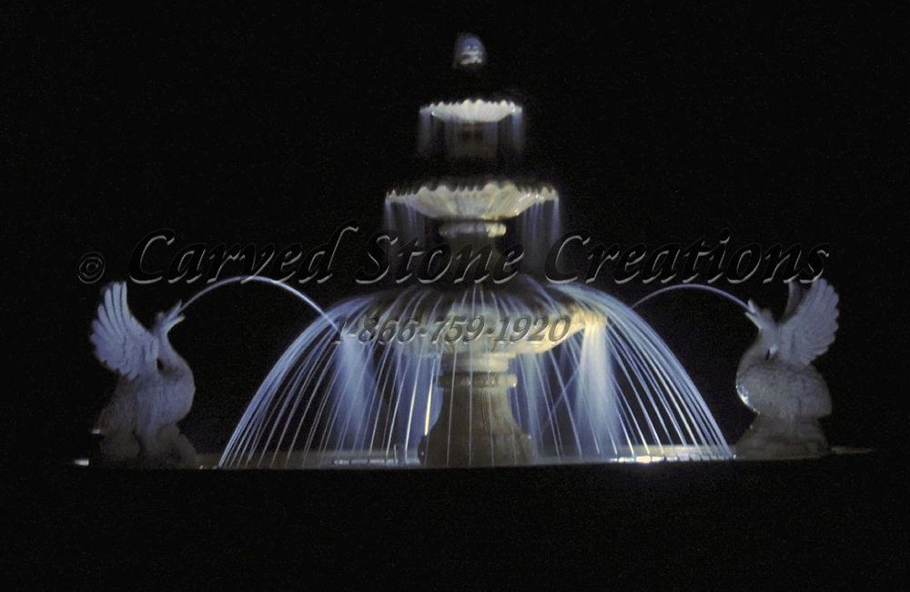 Large 3-Tier Classical Fountain (72 inch x 126 inch tall) carved of Giallo Fantasia Granite with (2) california white swan spitter fountains, in a 22 Ft x 18 inch tall Pool Surround.